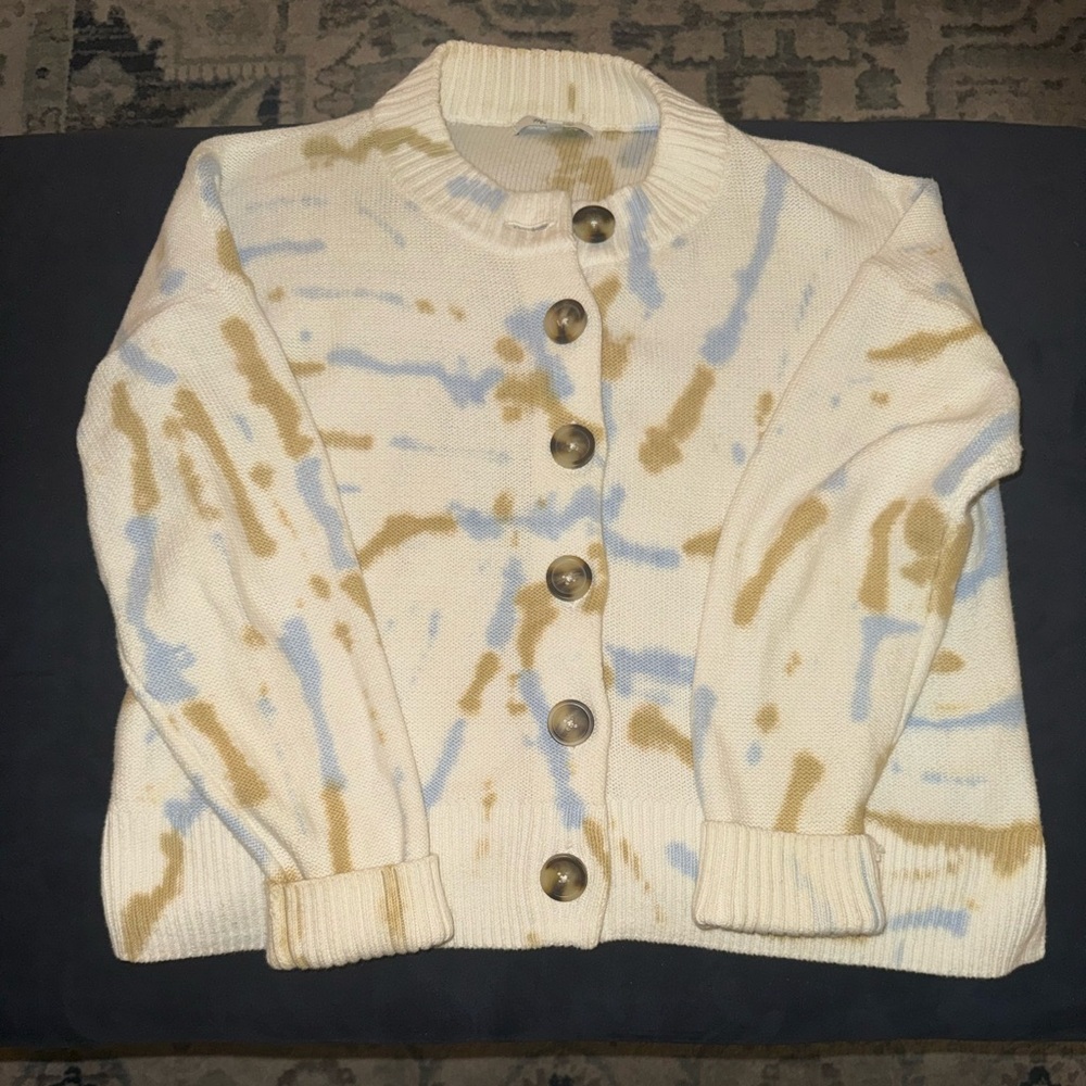 Madewell Cream Tie-Dye Button Cardigan with Blue and Tan Accents